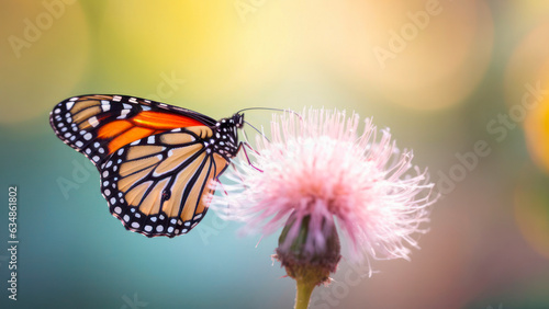 macro Photo of Monarch butterfly on single pastel flower.