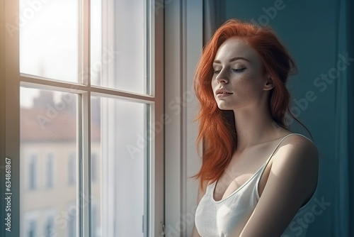 Redheaded Serenity: A Beautiful Young Woman in Nightwear Contemplating the World Beyond the Window. ai generative