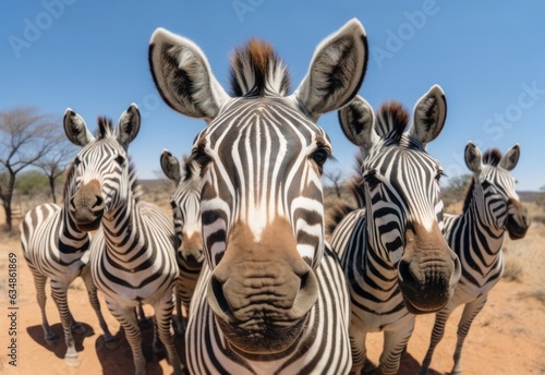 Animal wildlife group of zebras in savannah under blue sky  GoPro shot ....