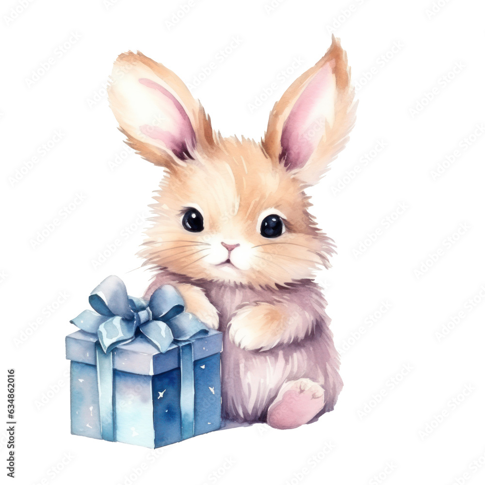 Fototapeta premium Cute watercolor bunny with gift box