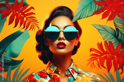 Tropical photo collage, in the style of modernism-inspired portraiture, retro pop art inspirations, luminous palette, yellow background 