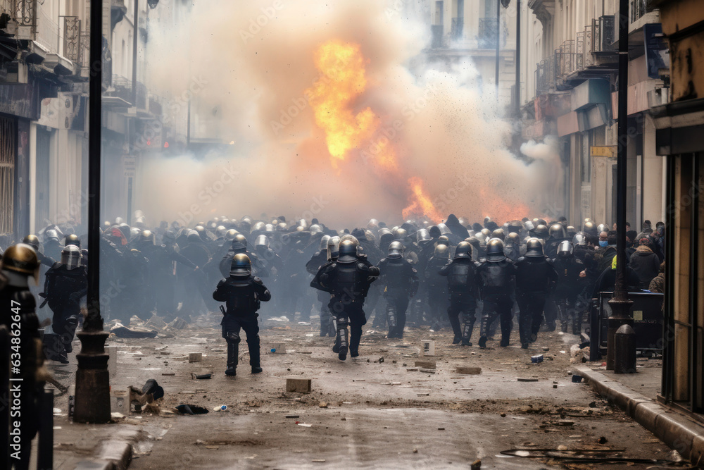 Policemen Fending Off Demonstrators Amid Tear Gas - Filled Riots in the streets
