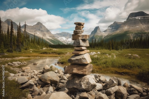 Majestic Inukshuk in lush Canadian landscape., generative IA © Gabriel