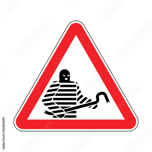 Attention Thief. Caution of Robber. Red triangular road sign.