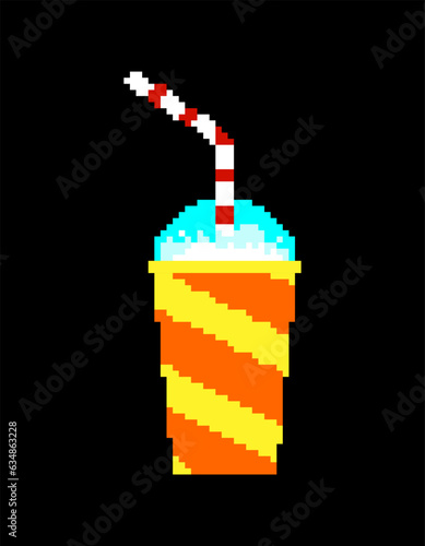 Slurpee Soda in glass with straw isolated pixel art 8 bit.
