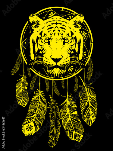 t-shirt design of a tiger head with a dream catcher isolated on black