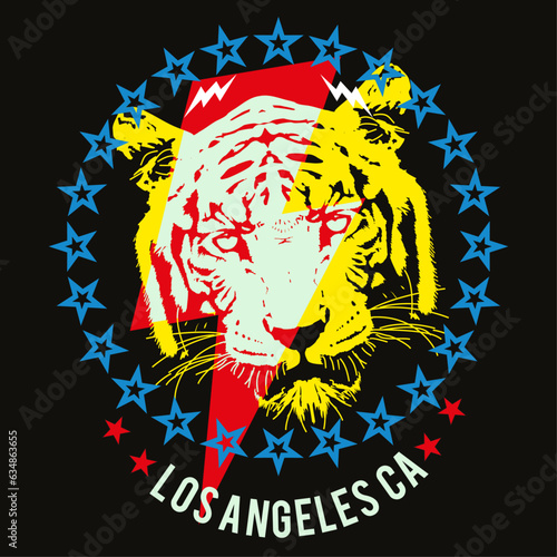 T-shirt design of a tiger head with the symbol of thunderbolt surrounded of stars on black