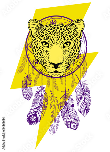 Design for a leopard head t-shirt next to the symbol of thunderbolt and a dream catcher. Vector illustration good for the day of endangered animals.