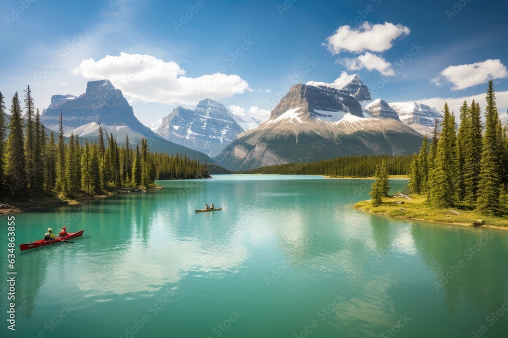 Lush scene in Jasper, Alberta: mirror lake, mountains and moose., generative IA