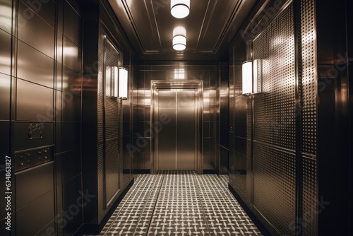 Modern elevator reflects anxious faces  soft light and illuminated panel.  generative IA