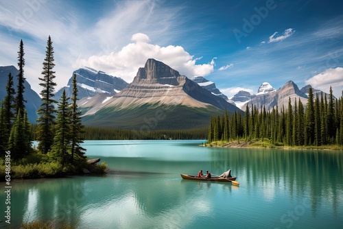 Lush scene in Jasper, Alberta: mirror lake, mountains and moose., generative IA © Gabriel