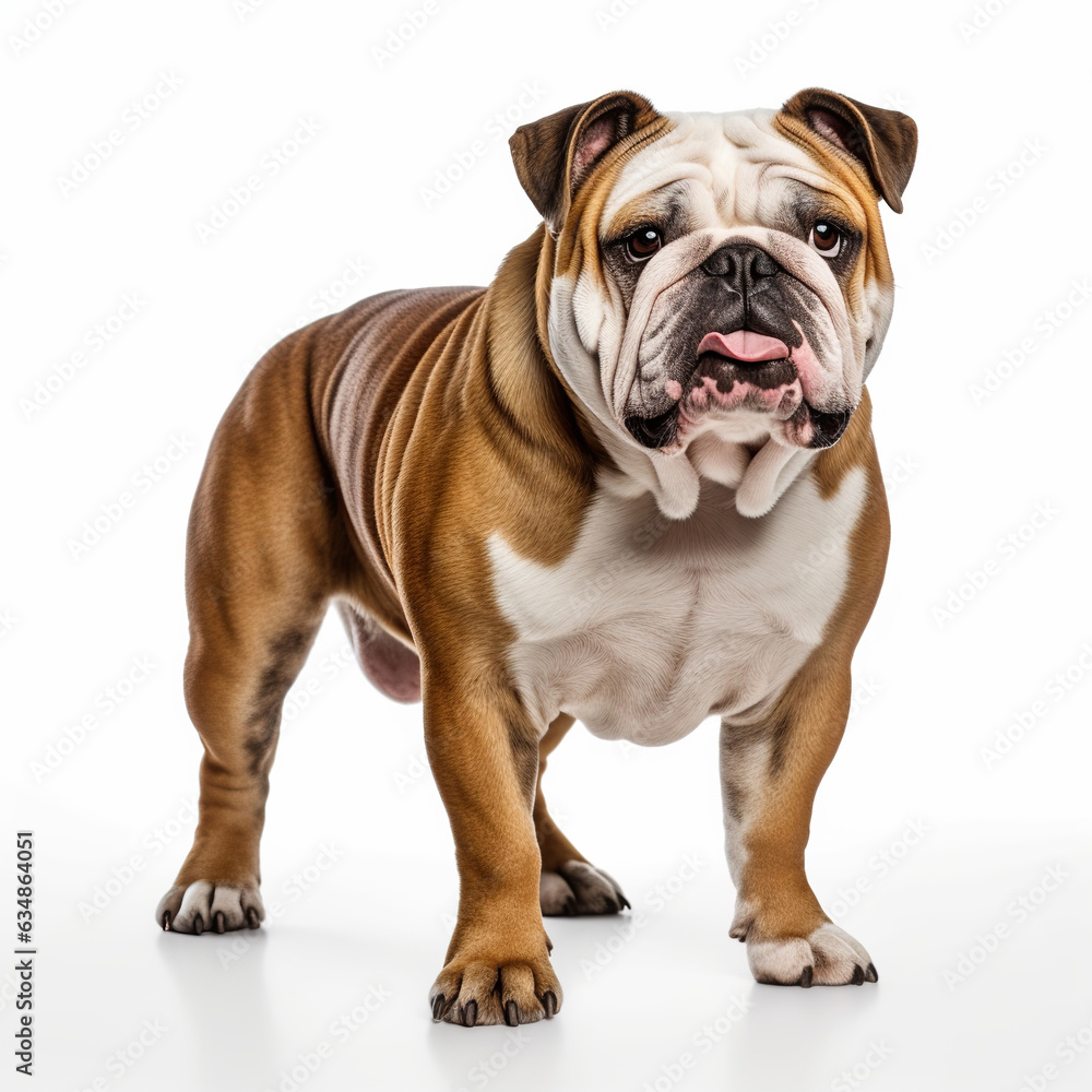 Bulldog purebred dog standing on white background with tongue out funny facial expression