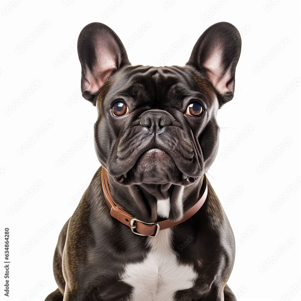 Closeup portrait of a French Bulldog purebred dog looking at the camera. Isolated on white.