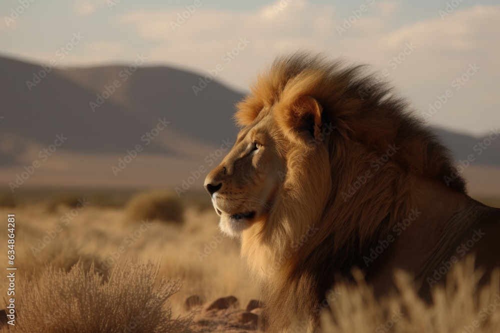 Majestic lion rests on the African savannah., generative IA