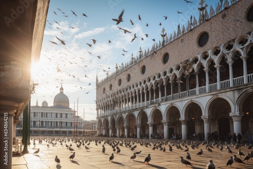 Vibrant Piazza San Marco in Venice: gondolas, arches and Basilica., generative IA