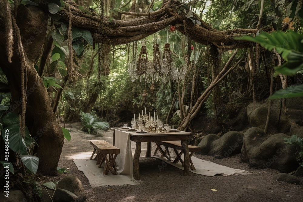 A futuristic jungle dinner. Interior. Generative AI A futuristic jungle dinner. Interior. Generative AI