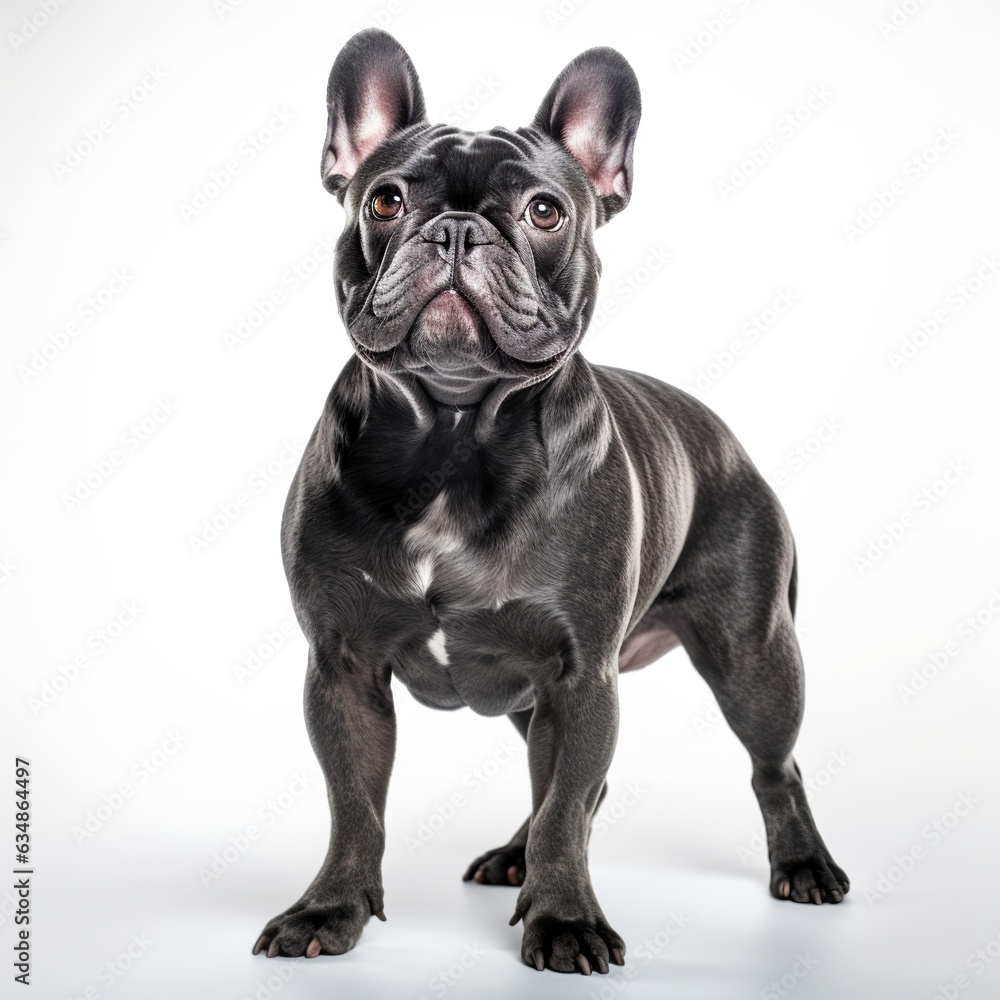 A cute purebred French Bulldog breed dog standing on a white studio backdrop looking forward at camera