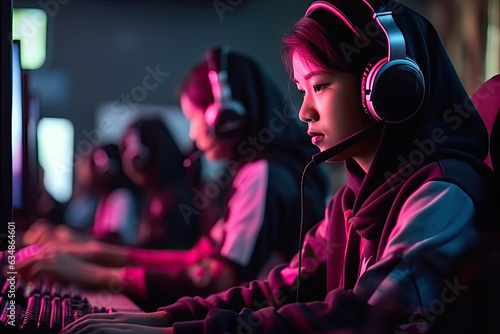 Fotografie, Obraz Asian teenage cyber athletes passionately battle it out in a multiplayer PC video game during an eSport tournament in a club