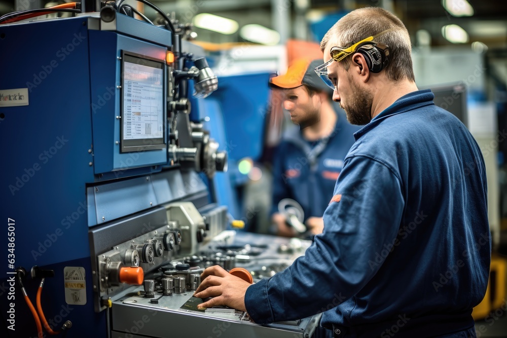 Skilled individuals operating various machines in a manufacturing or industrial Skilled individuals operating various machines in a manufacturing or industrial