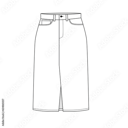 Vector drawing of a skirt with a slit in the front in a casual style.
Outline drawing of a midi skirt with pockets, vector. Template of a fashionable women's skirt in white color.
