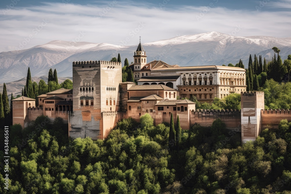 Alhambra in Granada: Moorish architecture, lush gardens, and Sierra Nevada in the background., generative IA