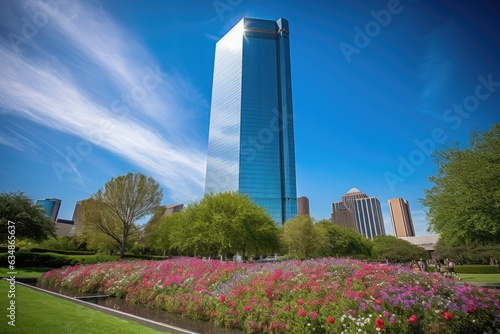 Majestoso ponto de referência de Houston: Williams Tower, jardins vibrantes e uma atmosfera animada., generative IA