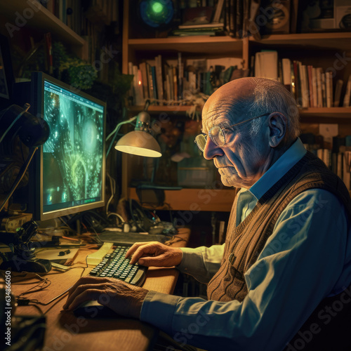 60-70 year-old grandfather working on computer advertising banner made with Generative AI