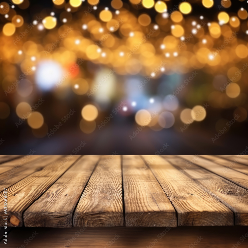 Empty wooden table top with blurred background of Christmas. made with Generative AI Empty wooden table top with blurred background of Christmas. made with Generative AI