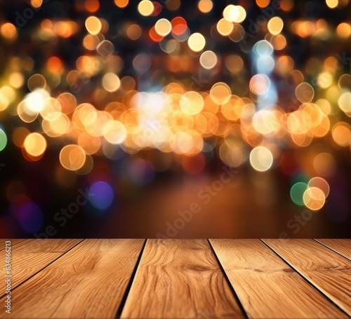 Empty wooden table top with blurred background of Christmas. made with Generative AI