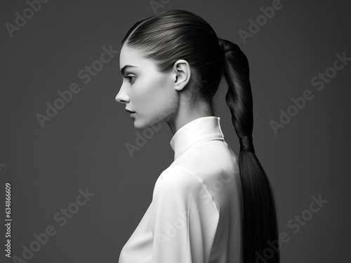 Woman with modern beautiful ponytail hairstyle, profile view, black and white colors.