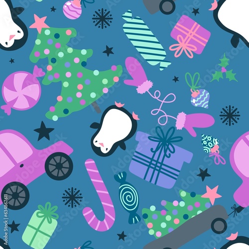 Cartoon Christmas animals seamless penguin and candy and gift box pattern for wrapping paper and fabrics