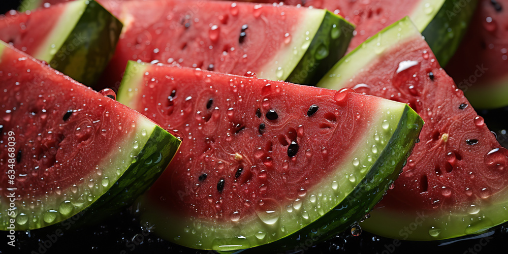 Fresh Watermelon with Droplets of Water, Close-Up Fresh Watermelon with Droplets of Water, Close-Up