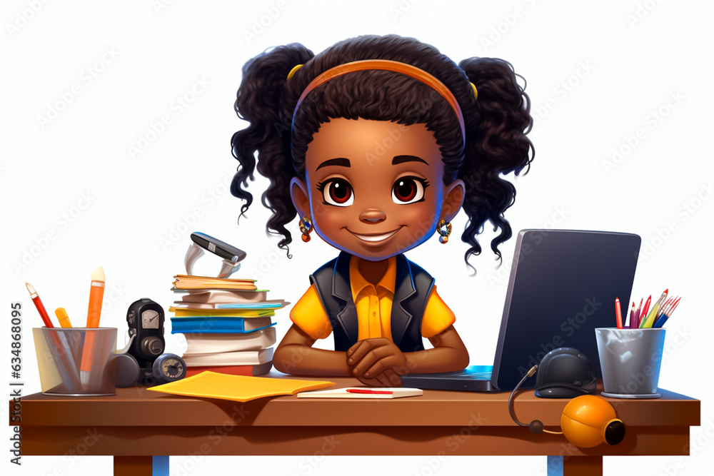 Cartoon illustration of a little African girl in school uniform sitting on a school table