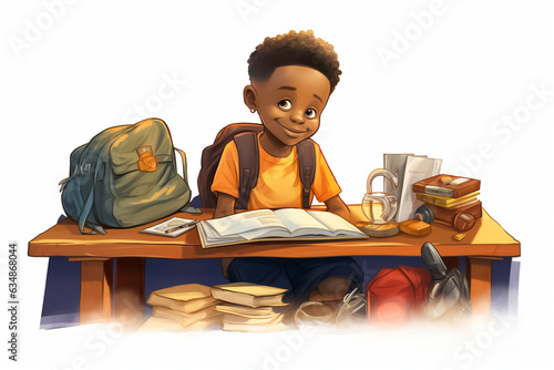 illustration of a little African boy sitting on a school table