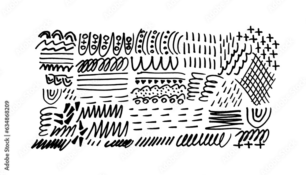 Charcoal pencil curly lines and squiggles, wide strokes. Scribble black strokes vector set. Hand drawn marker scribbles. Black pencil sketches, drawings. Scrawl elements isolated on white background