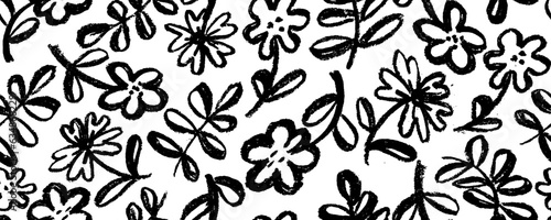 Black flowers and leaves vector seamless pattern. Hand drawn silhouettes of spring chrysanthemum flowers. Dry brush style floral motives. Black paint illustration with branches and leaves. 