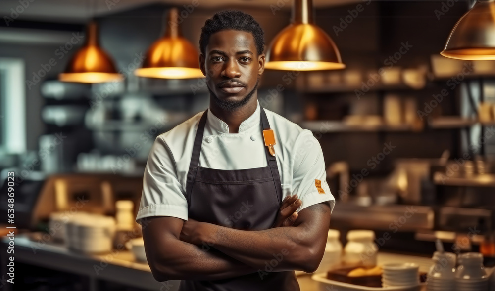 Fototapeta premium Portrait of young African American chef in apron standing at restaurant kitchen.