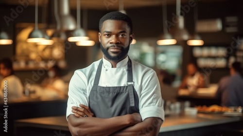 Portrait of young African American chef in apron standing at restaurant kitchen.