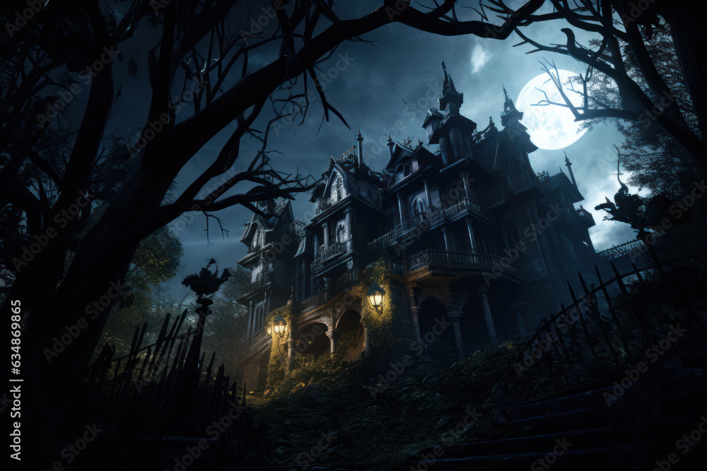 Haunted Halloween Mansion: Spooky Night Background with Glowing Windows and Moonlight Generative AI