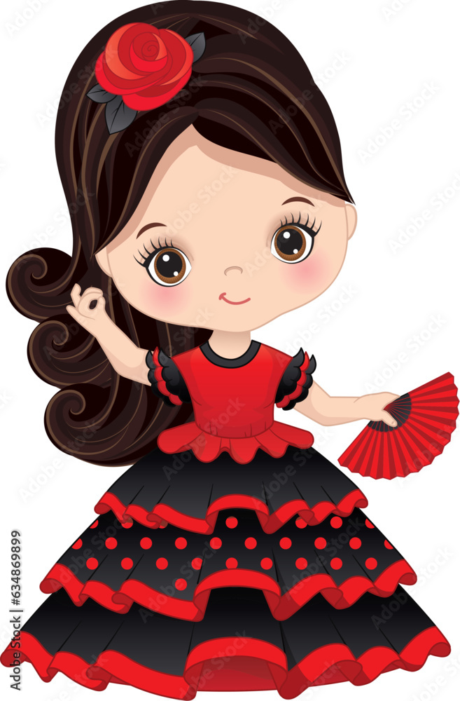 Vector Cartoon Cute Little Girl Dancing Flamenco Vector Cartoon Cute Little Girl Dancing Flamenco