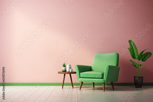  mockup of an empty living room with pink chair, table, and green wall.