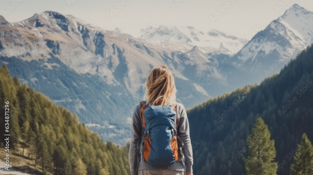 Female tourist with a backpack on the mountain, Travel concept, Summer vacation trips, Adventure and travel in the mountains.