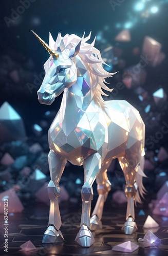 A magical glowing polygon white pearl unicorn.
