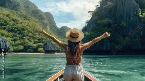 Rear view, Woman travelling on the boat in Asia, Summer vacation trips, Vacation concept. © visoot