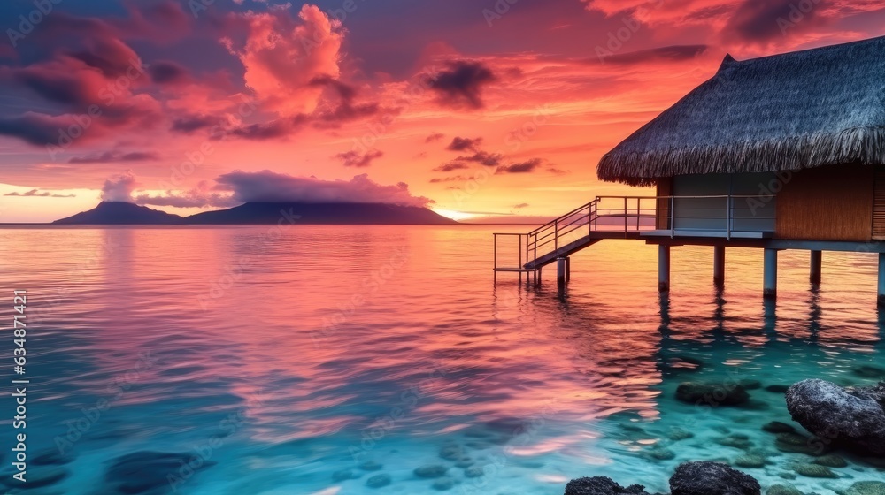Stunning colorful sunset sky with clouds on the horizon of the South Pacific Ocean, Summer vacation trips,Vacation concept, Luxury travel.