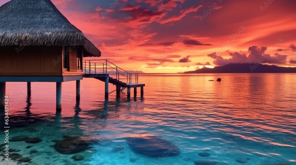 Obraz premium Stunning colorful sunset sky with clouds on the horizon of the South Pacific Ocean, Summer vacation trips,Vacation concept, Luxury travel.