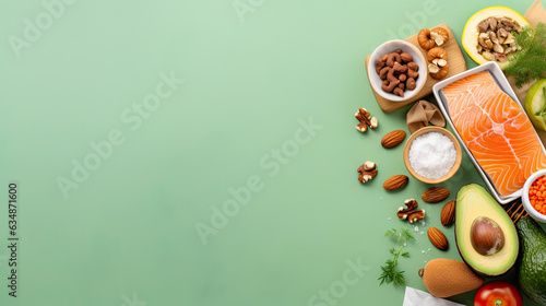 Top view of healthy food over a green background