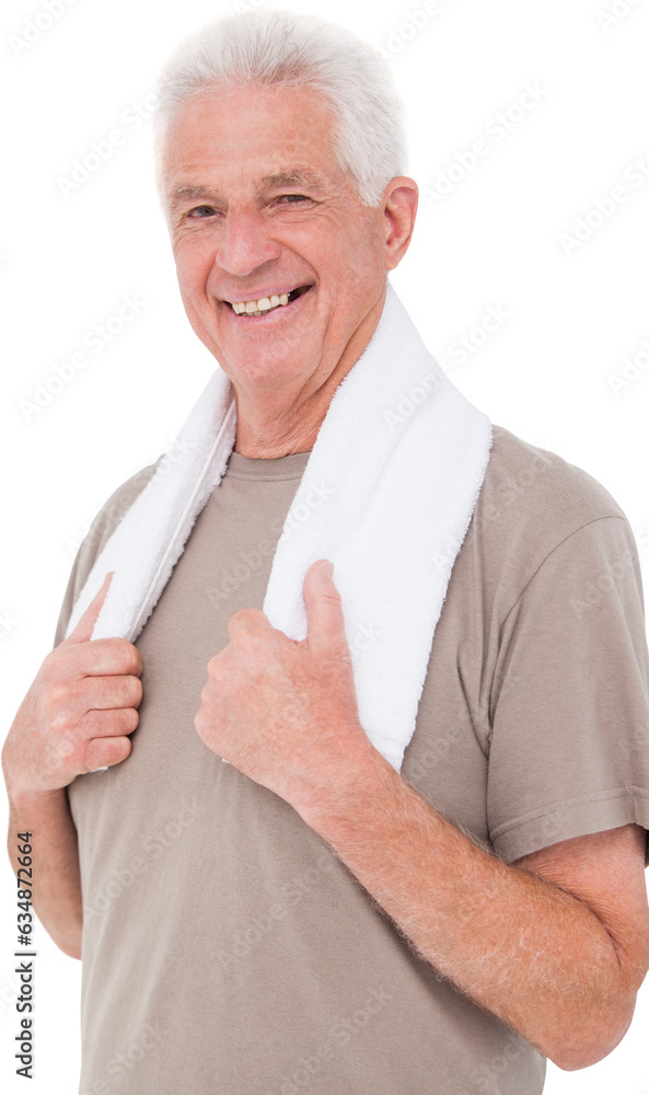 Digital png photo of happy caucasian senior man holding towel on transparent background Digital png photo of happy caucasian senior man holding towel on transparent background
