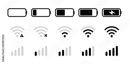 WiFi and Battery icon set. Charge and connection level. Mobile phone ui elements. Vector outline flat illustration