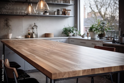 Modern kitchen with a blurred background  featuring a wooden table top.